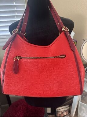 Coach Red Pebbled Leather Shoulder Bag with Burgundy Trim and Gold Hardware